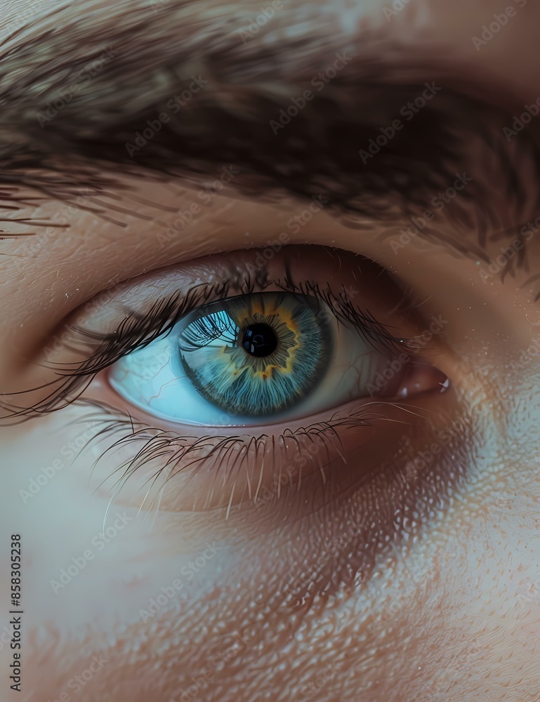 Fototapeta premium A close-up image showing an eye with intricate detail in the iris. The lashes and skin texture are sharply captured, highlighting the realism of the representation.