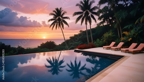 Capture the tranquil beauty of a sunset over an infinity pool, with the water reflecting the vibrant hues of the sky, and tropical foliage creating a secluded paradise.