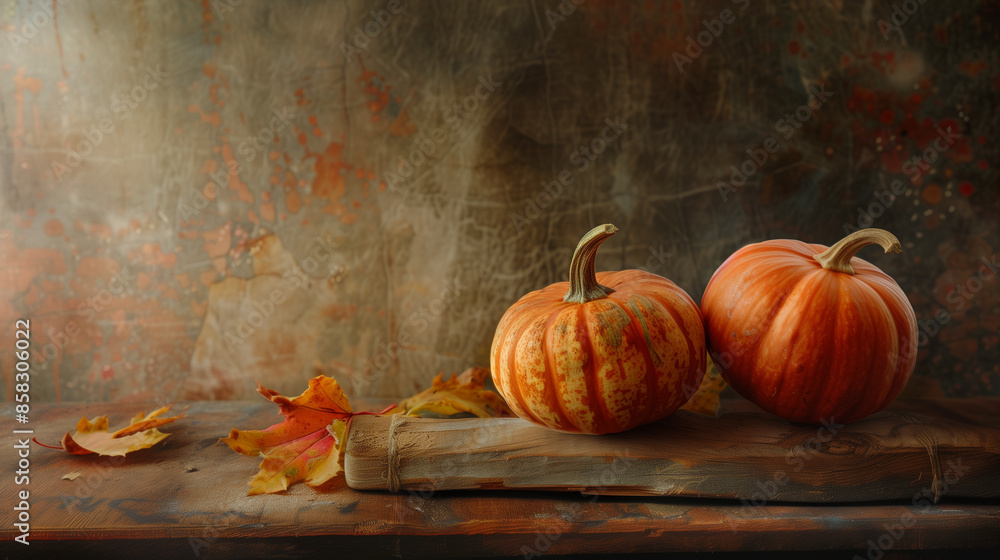 Autumn pumpkins on wooden board.
Copy space.
Autumn pumpkins on wooden board.
Copy space.