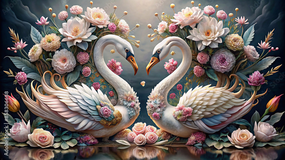 Two swans facing each other design. Decorated with beautiful flowers as the background.