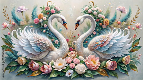 Wallpaper Mural Two swans facing each other design. Decorated with beautiful flowers as the background. Torontodigital.ca