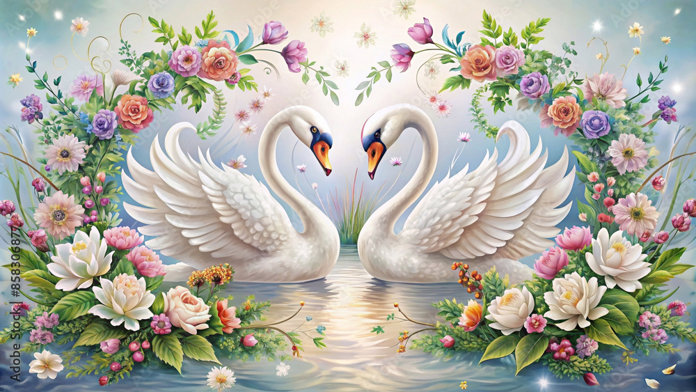 custom made wallpaper toronto digitalTwo swans facing each other design. Decorated with beautiful flowers as the background.