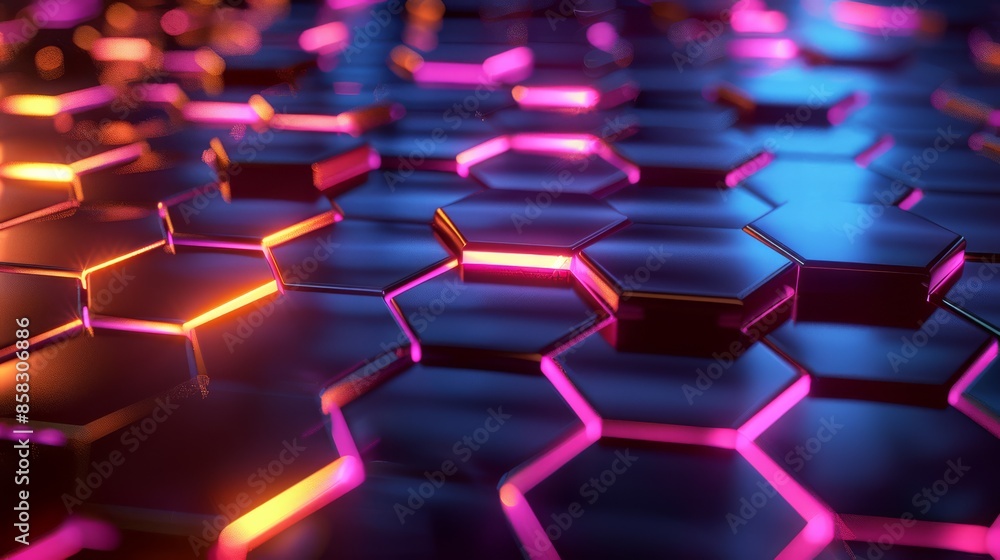 Dynamic Hexagonal Pattern with Neon Pink and Orange Glowing Edges in Futuristic Design. Dynamic Hexagonal Pattern with Neon Pink and Orange Glowing Edges in Futuristic Design.