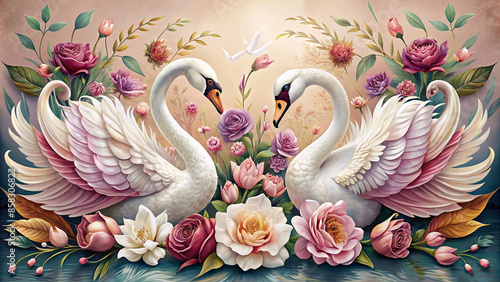 Wallpaper Mural Two swans facing each other design. Decorated with beautiful flowers as the background. Torontodigital.ca