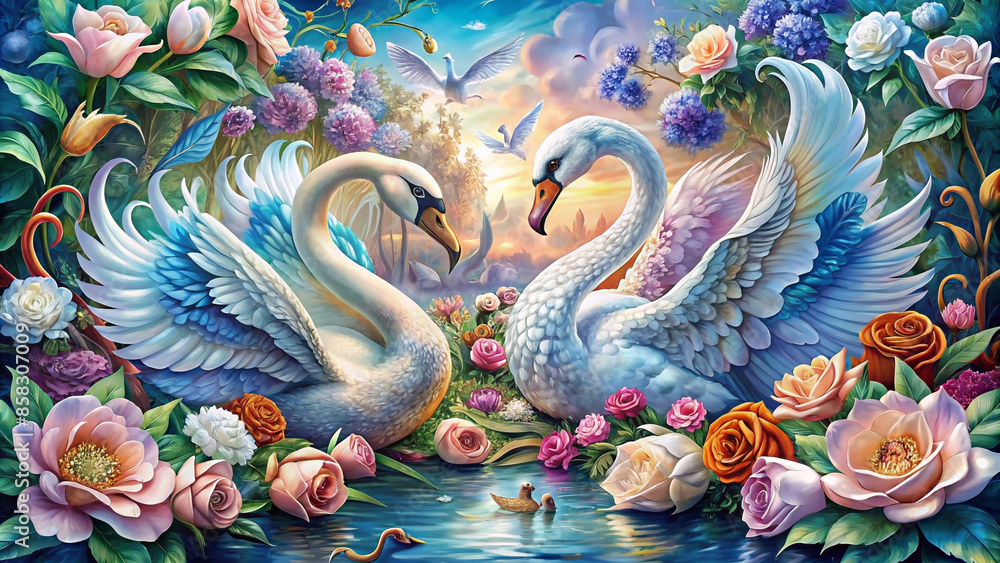 custom made wallpaper toronto digitalTwo swans facing each other design. Decorated with beautiful flowers as the background.