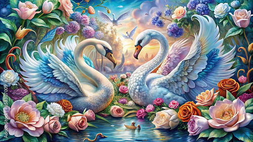 Wallpaper Mural Two swans facing each other design. Decorated with beautiful flowers as the background. Torontodigital.ca