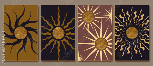 Retro sunburst.  Sun symbols. Boho modern minimalist style mirror. Design elements for decoration, logo. Wall art poster.
