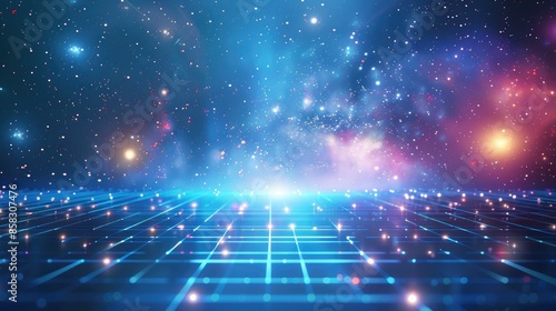 Futuristic perspective grid on a shining blue floor with particles, stars, dust, and flares, creating an immersive abstract background. photo