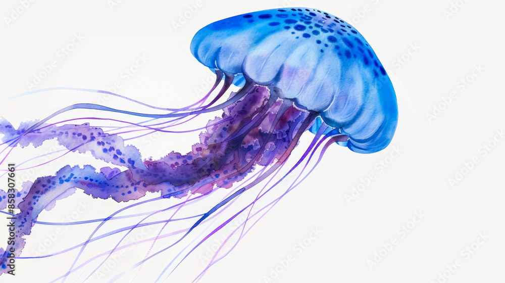 Vibrant blue jellyfish floating in clear waters, symbolizing the beauty and dangers of marine life during summer vacations Vibrant blue jellyfish floating in clear waters, symbolizing the beauty and dangers of marine life during summer vacations