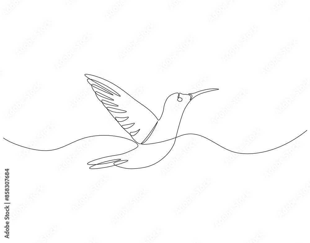 Obraz premium Continuous one line drawing of flying hummingbird. One line drawing illustration of colibri. Flying animal concept Single line. Editable outline.