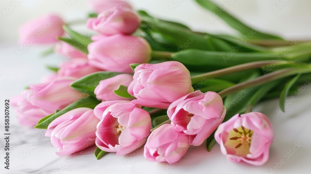 Mother s Day Greetings with Pink Tulips on White Table Mother s Day Greetings with Pink Tulips on White Table