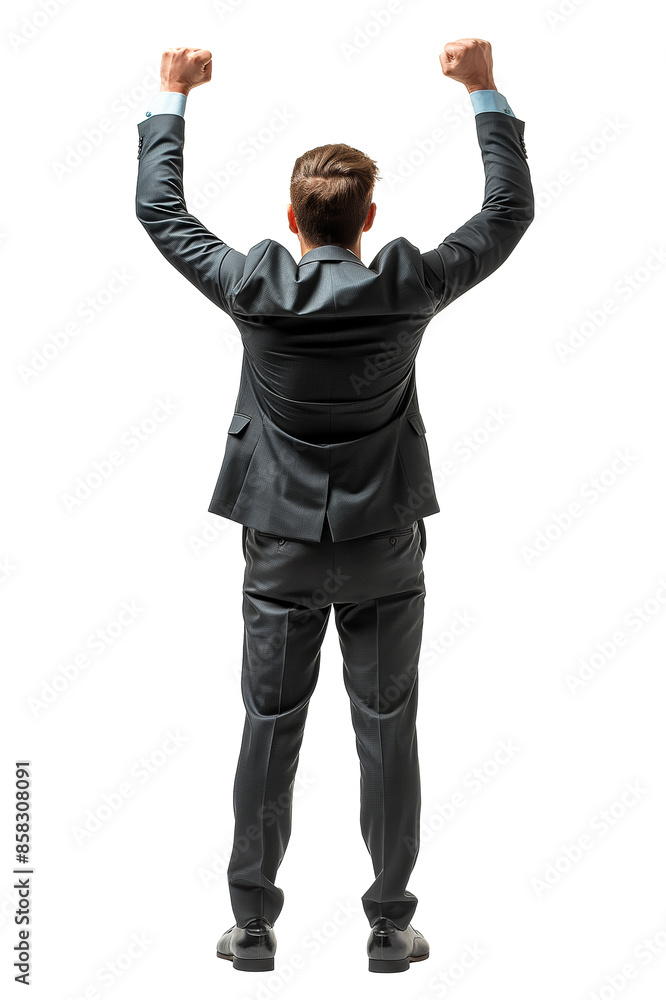 Man in a business suit with raised arms in a victory pose, isolated on a white background, concept of success. Generative AI Man in a business suit with raised arms in a victory pose, isolated on a white background, concept of success. Generative AI