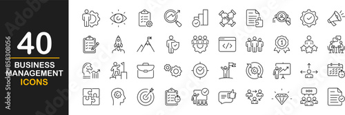 Business management icons set. Contains such Icons as businessman, career, human resources, employee, strategy, communication and more. Vector illustration