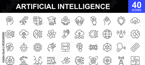 Artificial intelligence icon set. Vector future technology icons. Contains such Icons as decision, ai, artificial intelligence, brainstorming, machine learning, assistant, connection, bot
