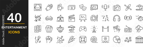 Entertainment icon set. Entertainment and arts icon collection. Contains such Icons as theater, cinema, video, dance, game, music arts, photo and more. Vector illustration