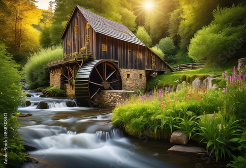 rustic water mill along serene riverbank, watermill, scenic, old, vintage, historic, picturesque, tranquil, countryside, architecture, building, traditional photo