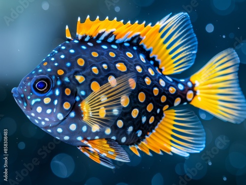 Medium shot of Latimeria coelacantha, themed background.  photo