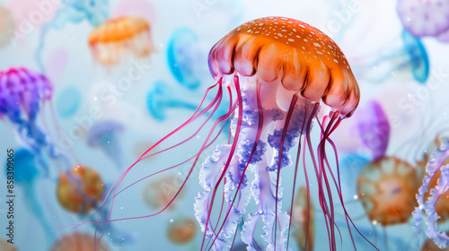 Vibrant jellyfish float in the ocean, highlighting a common summer beach hazard photo