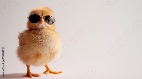 A baby chick wearing sunglasses and standing next to an egg. Generate AI image