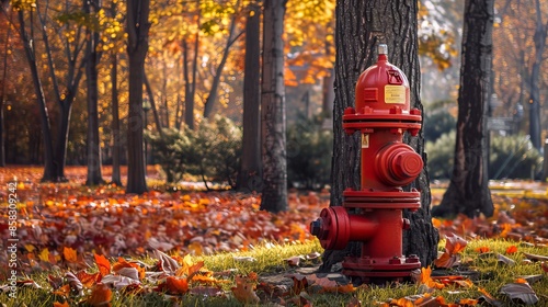 A red hydrant in the park helps put out fires.