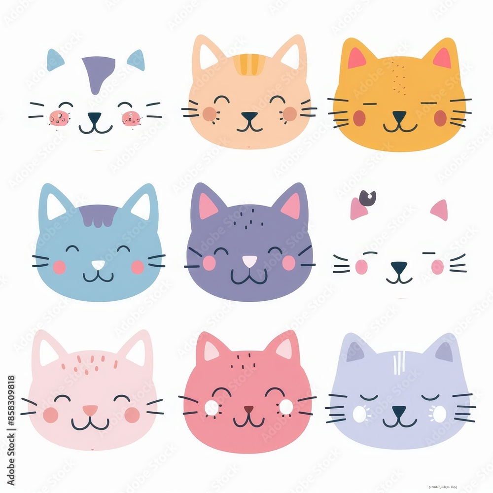 A list of cute kitten kitty characters. Cartoon kawaii funny character, doodle in contour lines. Different emotions, colors. Stickers. The design is flat and childish. White background. Modern A list of cute kitten kitty characters. Cartoon kawaii funny character, doodle in contour lines. Different emotions, colors. Stickers. The design is flat and childish. White background. Modern