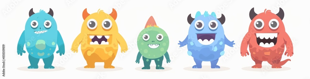 Cute monster set line. Happy Halloween. Comical kawaii baby face with horns, teeth, and eyes. Colorful silhouette monsters. Different emotions. White background. Flat design. Cute monster set line. Happy Halloween. Comical kawaii baby face with horns, teeth, and eyes. Colorful silhouette monsters. Different emotions. White background. Flat design.