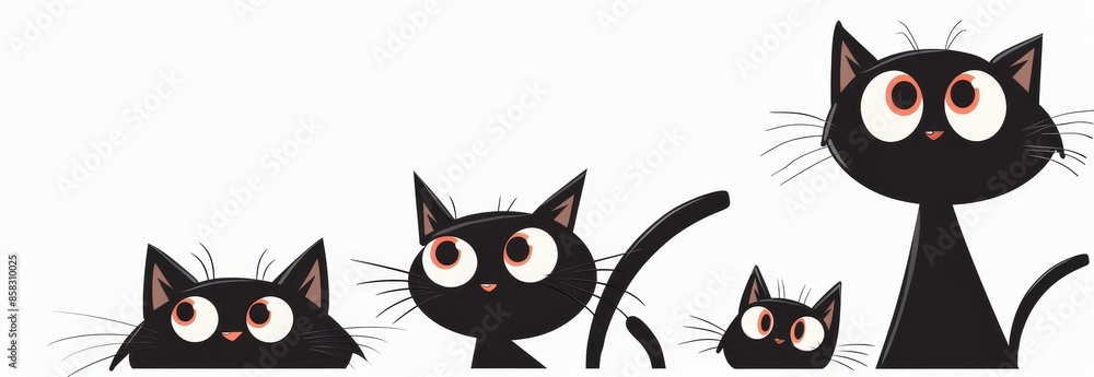 Happy Valentine's Day. Four black cats looking up. Eyes, teeth, tongue. Cute cartoon kawaii funny boo spooky pet baby character line banner. White background. Flat design.