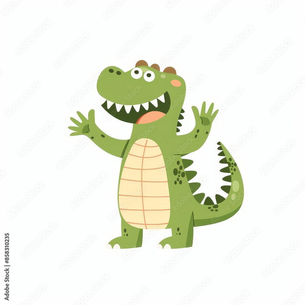 Obraz premium This cute cartoon image shows a crocodile face in the corner of the image. Green animal on the side. Childish design suitable for greeting cards, stickers, posters.