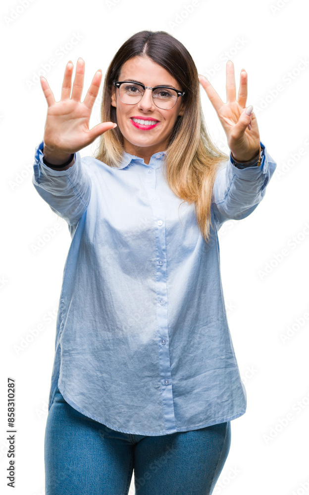 Young beautiful business woman wearing glasses over isolated background showing and pointing up with fingers number eight while smiling confident and happy. Young beautiful business woman wearing glasses over isolated background showing and pointing up with fingers number eight while smiling confident and happy.