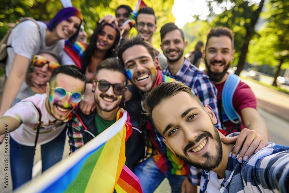 A group of people are posing for a picture with rainbow flags. Scene is happy and celebratory A group of people are posing for a picture with rainbow flags. Scene is happy and celebratory