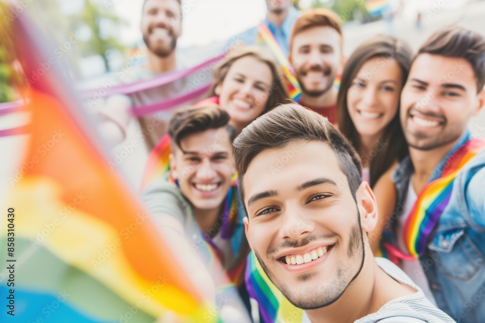 A group of people are smiling and holding rainbow flags. Scene is happy and celebratory A group of people are smiling and holding rainbow flags. Scene is happy and celebratory