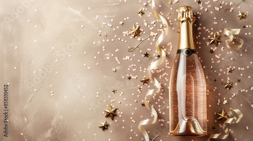A champagne bottle surrounded by pink confetti, gold stars, and ribbons, creating an elegant and festive celebration scene. Background for advertising, perfect for invitations, greeting cards © ChanaphaStudio
