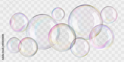Water bubbles float in a transparent background. Soap suds ball with rainbow colors. Realistic clean and clear shampoo foam purified water. Bathroom beads, bath bomb, soapy fun, and laundry poster