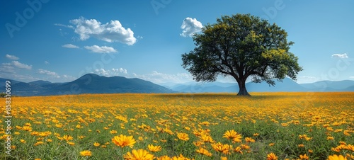 a lone tree on cosmos yellow field with blue sky springtime background, beautiful nature peaceful place