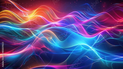 Futuristic 3D background with blue light waves and rainbow hues, blending to form a colorful and modern abstract design. © Lcs