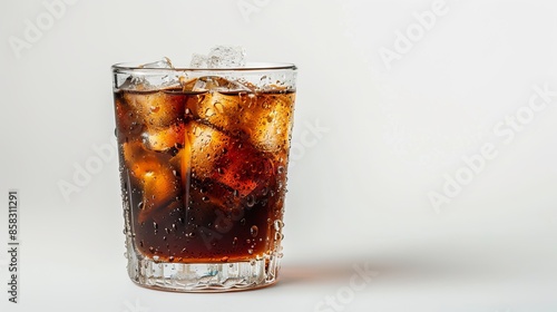 Close-up photo of a refreshing cola drink with ice cubes. The image showcases a deliciously cold beverage. Ideal for advertisements, menus, and social media. Simple, vibrant and inviting style. AI