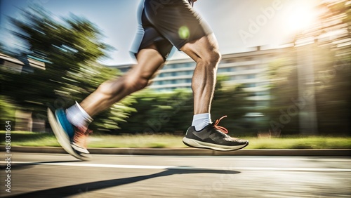 running man motion blur, feet cose-up, dark red tones
