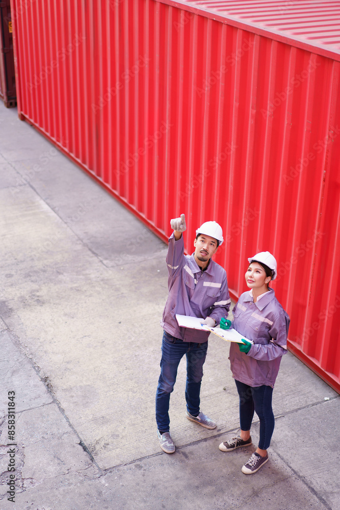 Container yard staffs work - inspect cargo container at ship port ...