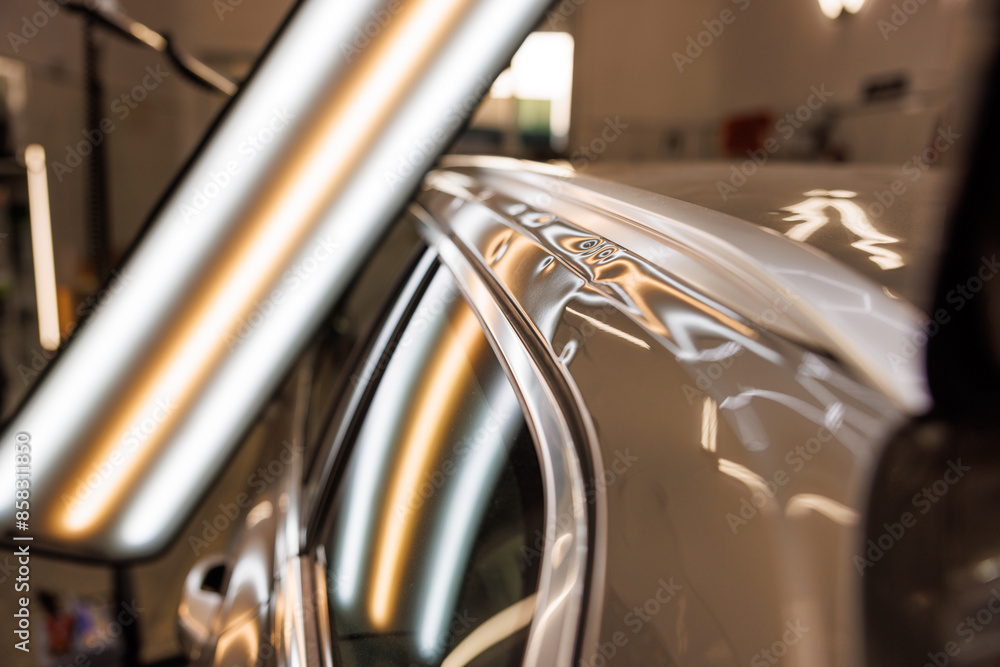A detailed shot of a car door showing visible dents. The alloy wheel and automotive lighting can be seen in the background