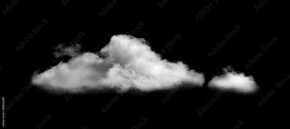 White Clouds Sky on Black background, Isolated abstract soft group of fluffy Smoke, Steam, Fog or Haze,Wide horizontal illustration of nature elements for landscape design..