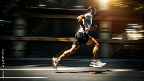 running man motion blur, sunny day. feet cose-up