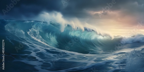Stormy Sunset Digital Art of Powerful Blue Ocean Waves. Concept Digital Art, Stormy Sunset, Blue Ocean Waves