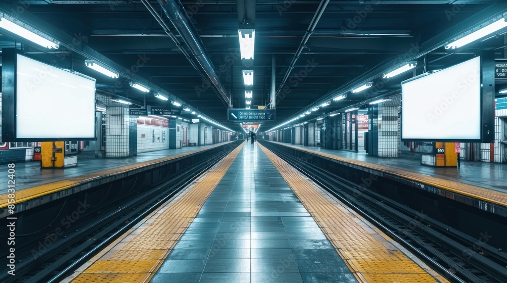 A perspective shot from the subway tracks looking towards the platform, showcasing two blank billboards as focal points amidst the station's activity , A perspective shot from the subway tracks looking towards the platform, showcasing two blank billboards as focal points amidst the station's activity ,