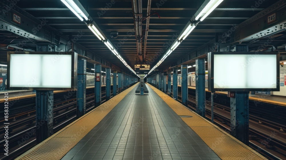 A perspective shot from the subway tracks looking towards the platform, showcasing two blank billboards as focal points amidst the station's activity , A perspective shot from the subway tracks looking towards the platform, showcasing two blank billboards as focal points amidst the station's activity ,