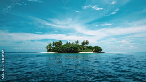 Tropical tiny desert island with palm trees atoll in the middle of the ocean. paradise island © agny