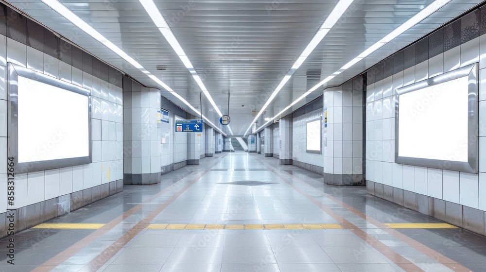 An empty subway station corridor with two blank billboards on the walls, providing a clean and open space for potential advertisements , An empty subway station corridor with two blank billboards on the walls, providing a clean and open space for potential advertisements ,
