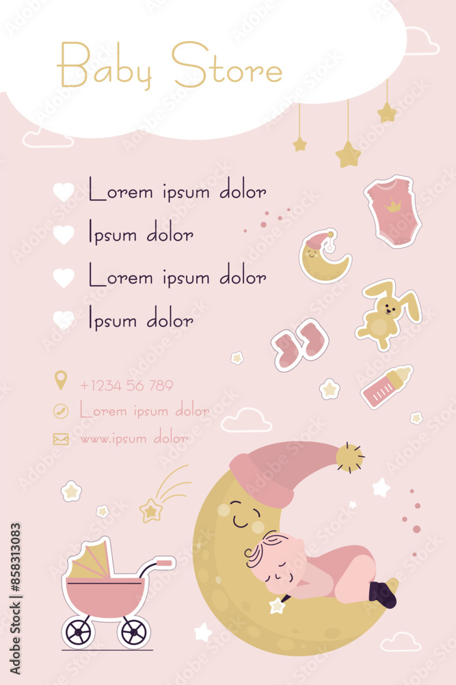 Visit card with baby on moon, toys, pram and milk bottle. Doodle sketch style. Design for baby store, kids shop business card template. Visit card with baby on moon, toys, pram and milk bottle. Doodle sketch style. Design for baby store, kids shop business card template.