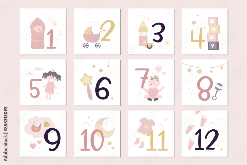 Baby Milestone Cards with numbers. Baby's first 12 months. Newborn infant first year baby boy shower gifts