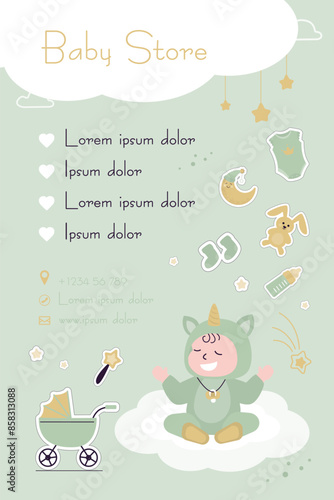 Hand drawn visit card with baby and various things, toy, pram and clothes. Vertical marketing poster. Doodle sketch style. Design for baby store, kids shop business card