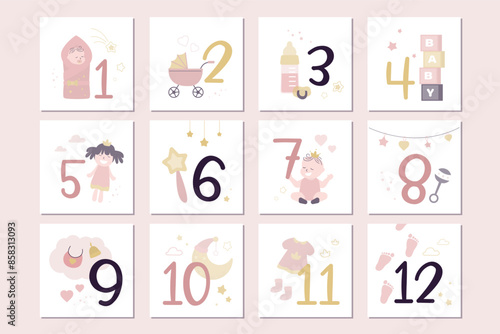 Baby Milestone Cards with numbers. Baby's first 12 months. Newborn infant first year baby boy shower gifts
